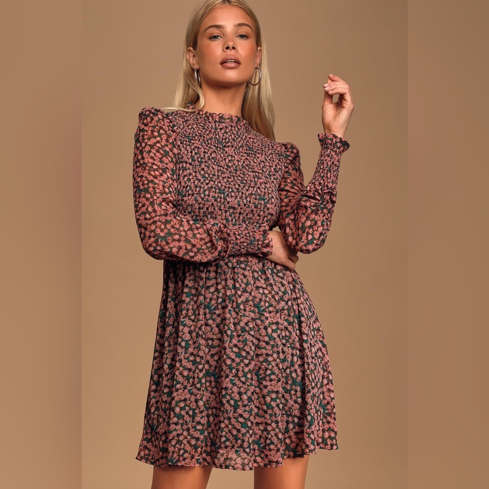 Lulus Floral Forever Print Smocked Skater Dress in Green and Pink Size XS